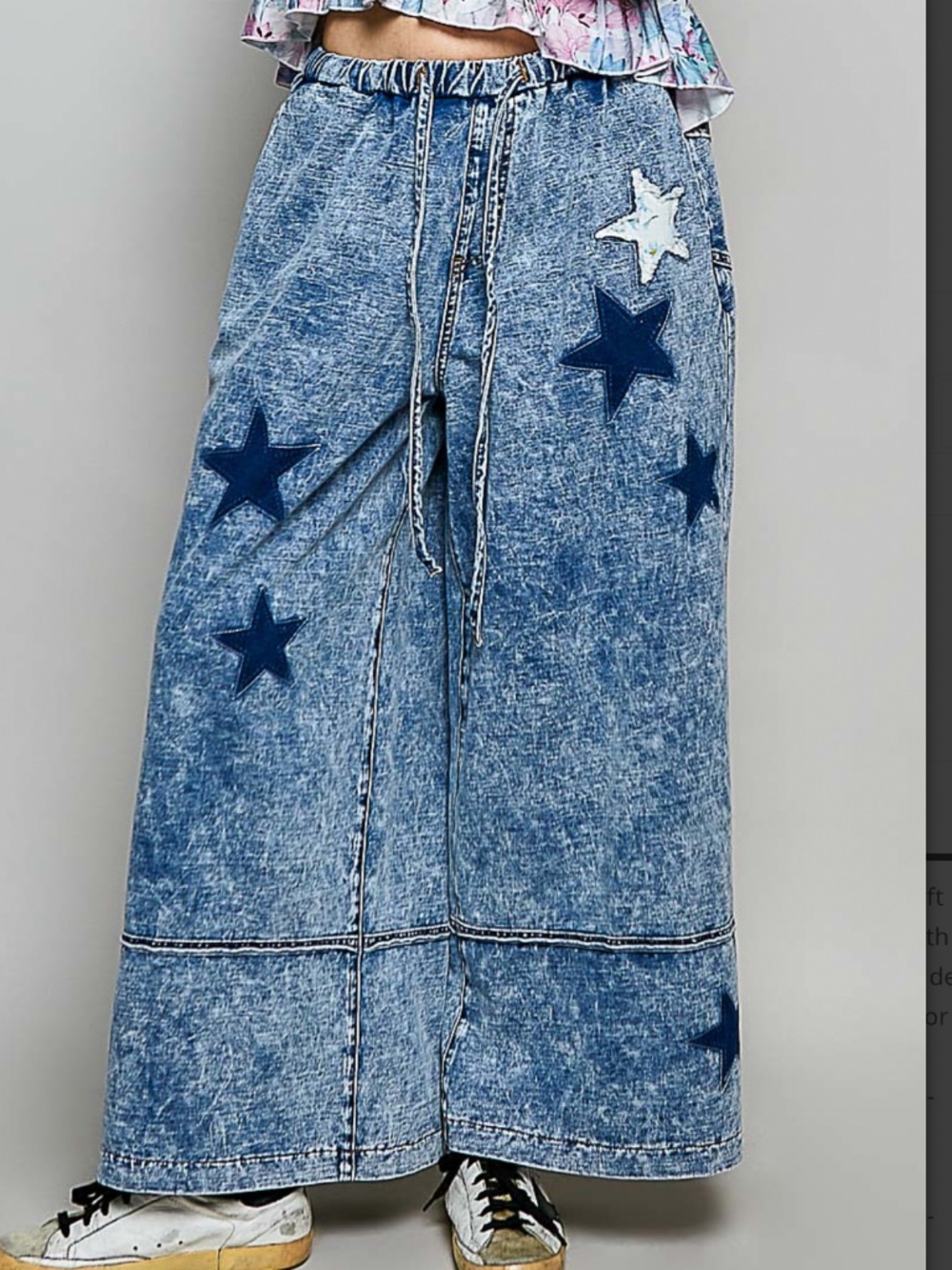 POL Blue Acid-Wash Wide Leg Jeans with Star Appliqués
